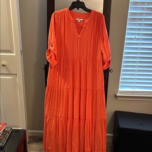 Chico's Coral Orange Tiered V-Neck Maxi Dress
